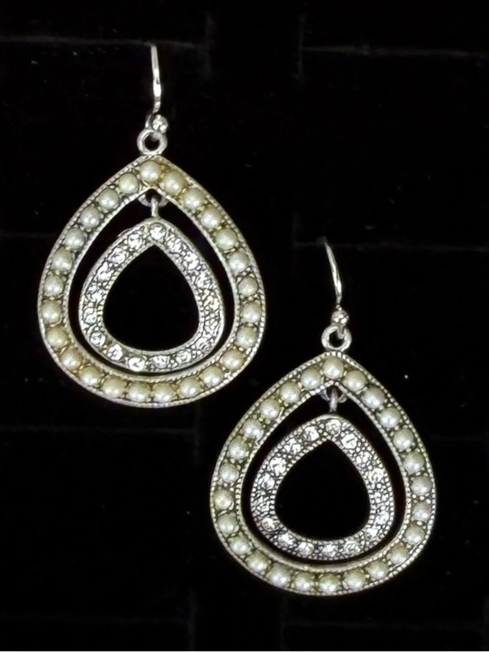 Vintage Silvertone, clear stone, faux pearl pierced earrings
